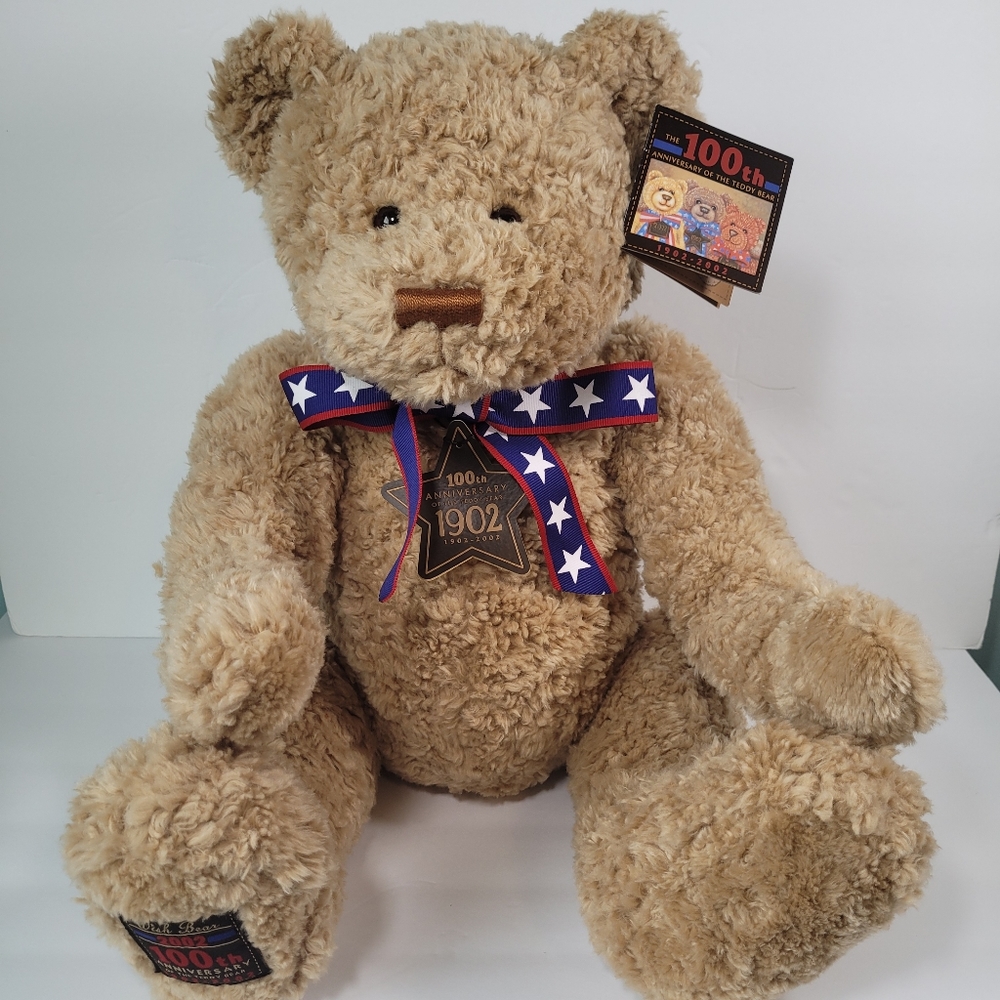 Gund Wish Bear 100th Anniversary  Brown Tan 2002 Red White Blue Stars Ribbon